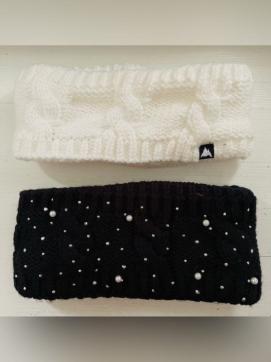 Accessories - Cable Knit Headbands — White & Black Pearl-Embellished